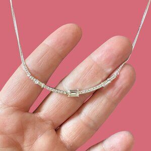 NWT Lauren Ralph Lauren Silver Tone Baguette Crystal Collar Necklace, 16"